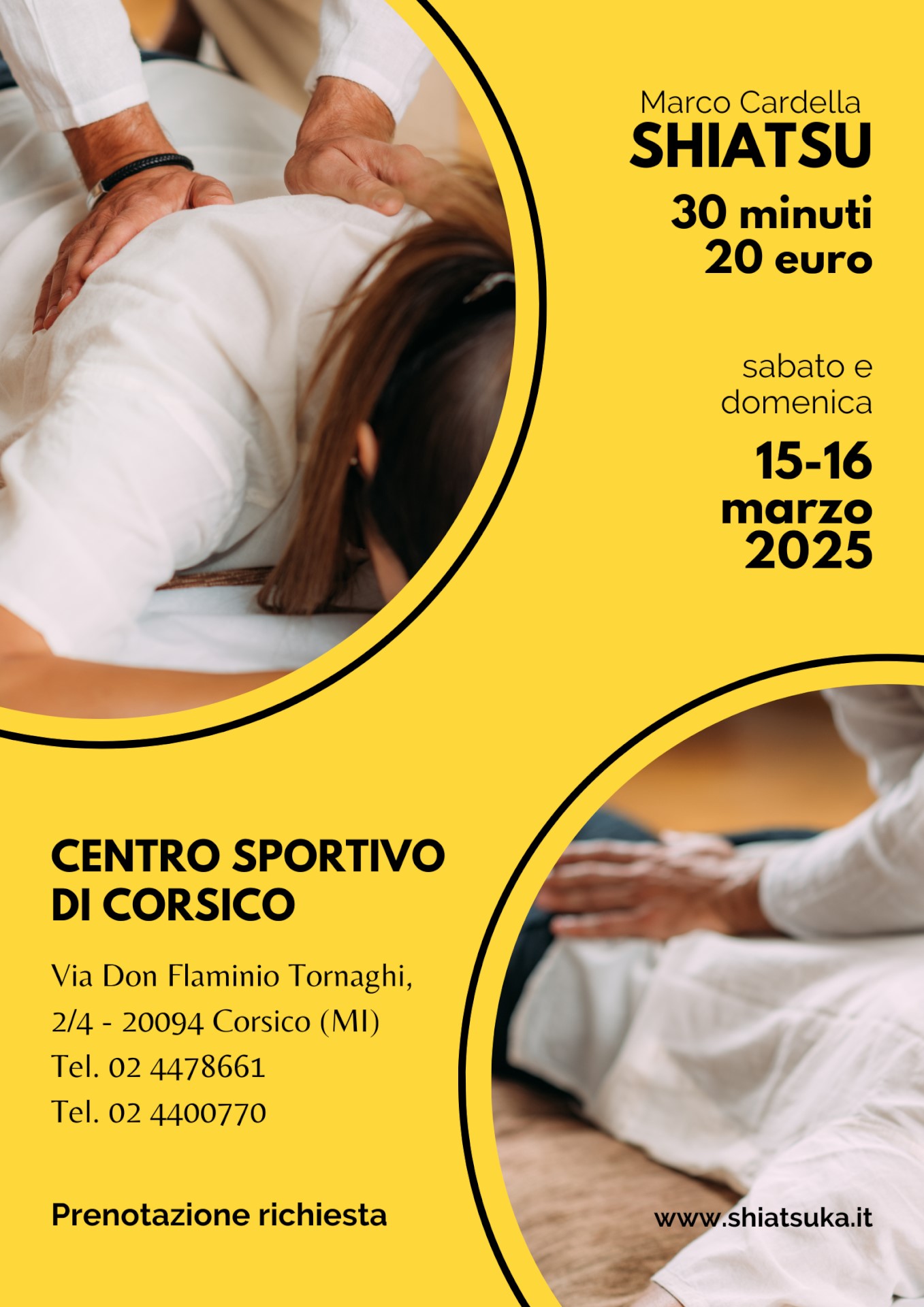 Locandina shiatsu Centro Sportivo di Corsico sabato e domenica 15-16.03.2023 30 minuti 20 euro