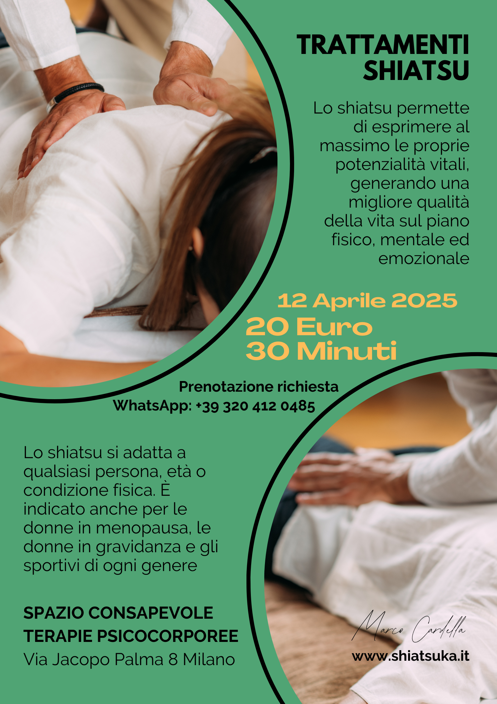 Locandina shiatsu Spazio Terarie Gambara 2025.04.12 con prezzo e dettagli