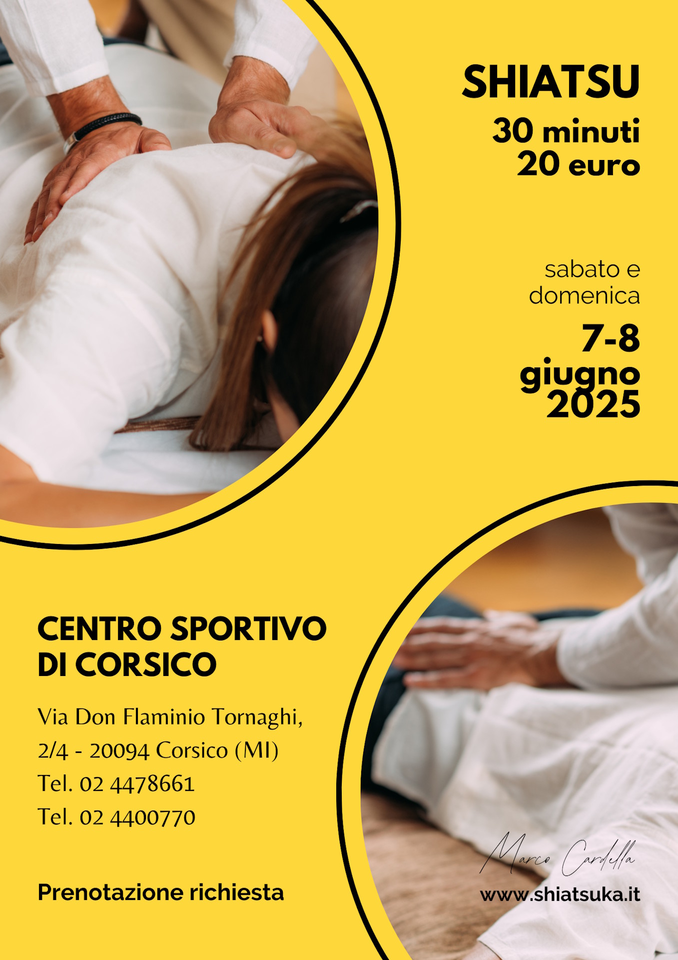 Locandina shiatsu Centro Sportivo di Corsico sabato e domenica 07-08.06.2025 30 minuti 20 euro